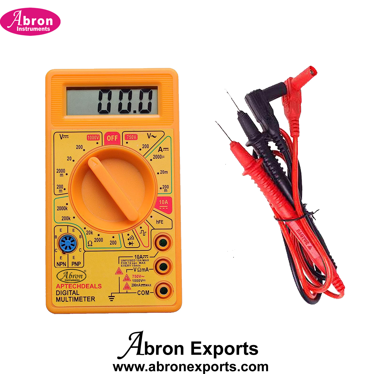 Multi meter LCD Digital General lab Use VAC 200V -750V VDC 200mV -1000V Current 200uA to 10A With Shunt 200R - 2000K Ohms PNP NPN Diode Continuity Beep hEF 3½ Wire Probes Abron 10pc AP-814A